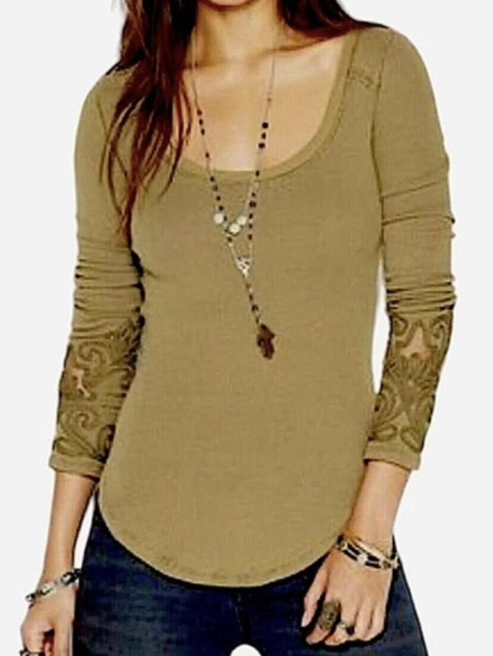 FREE PEOPLE Washed Olive Masquerade Cuff Long Sleeve Thermal Top Large